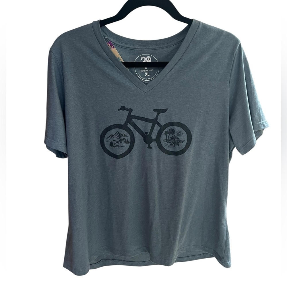 Blue V Neck Tee with Bicycle